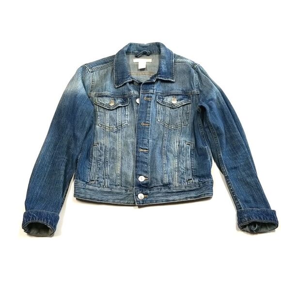 H&M Jeans Jacket Woman's Size 4 Blue Demin Pockets Front Button Up Long Sleeve - Picture 1 of 5